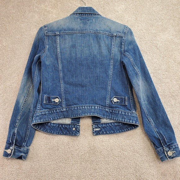 Vince Trucker Jacket Womens XS Blue Denim Y2K Stretch Biker 90s Distress Cowgirl - Picture 4 of 12